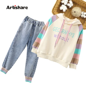 

Girls Clothing Coat + Jeans Girls Clothing Striped Pattern Clothes For Girl Patchwork Children's Tracksuits 6 8 10 12 14