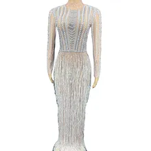 

Shining Embellished Beaded Women Dress Tassel Split Floor Longth Asymmetrical Dress Nightclub Costume DJ Singer Dance Stage Wear