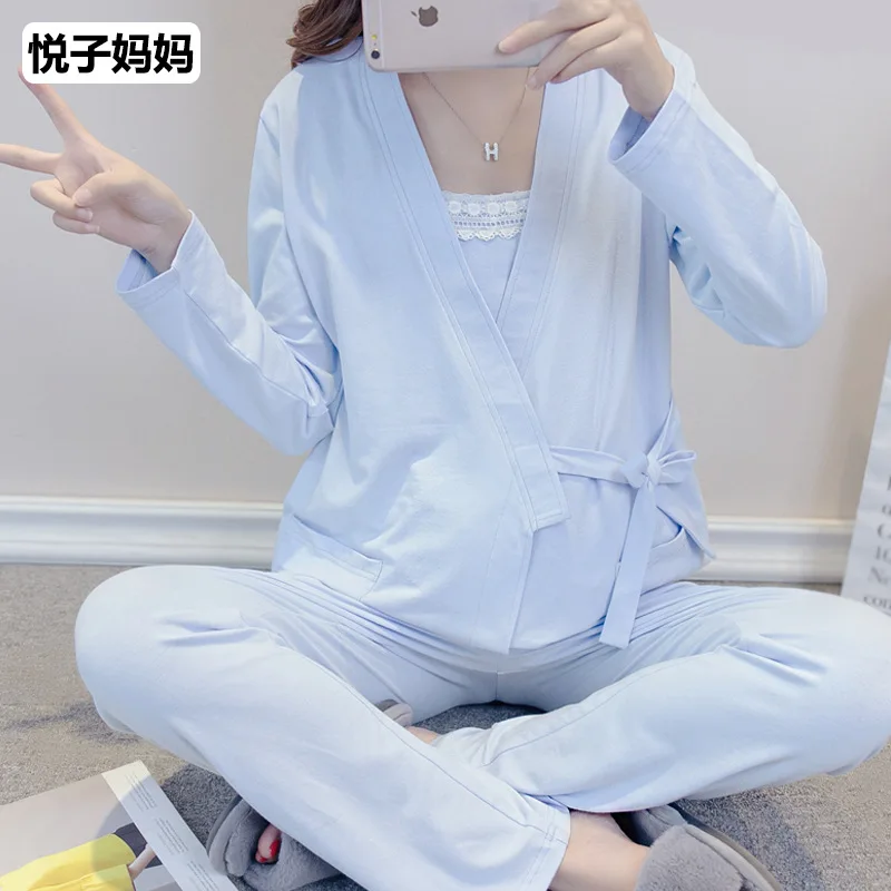 

[Etsuko Mom 1065 "Spring New Style Pregnant Women Tracksuit Pure Cotton Three-piece Set-Confinement Clothing Spring And Autumn