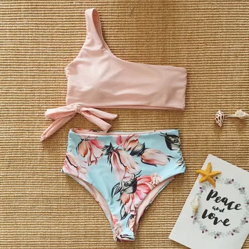 

Sexy Print One Shoulder High Waist Bikini 2020 Women Swimsuit Two Piece Swimsuit Bathing Swimming suit Beach Wear Mini Bikinis