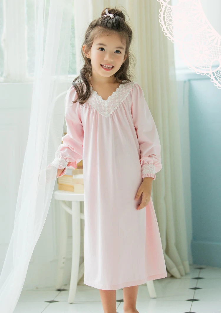 Children‘s Girls Lolita Dress Pink Princess Sleepshirts Vintage V-Neck Nightgowns.Kids Courtly Style Nightdress Lounge Sleepwear pajama sets baby boy