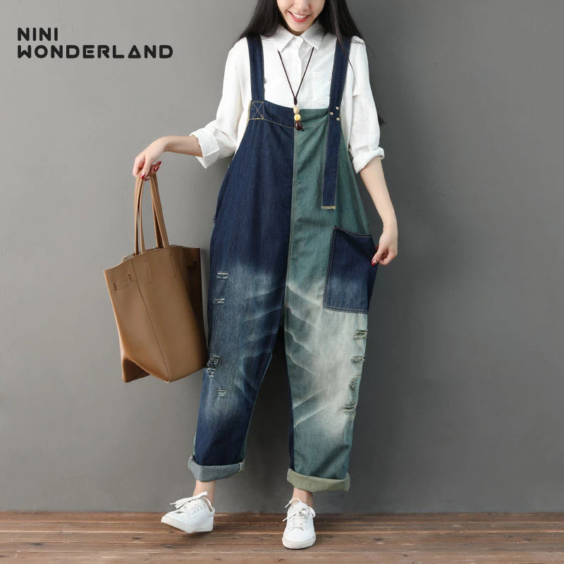 

NINI WONDERLAND 2019 Patchwork Denim Jumpsuits Women Casual Lady Hole Cowboy Spaghetti Strap Jeans Rompers Overalls Casual