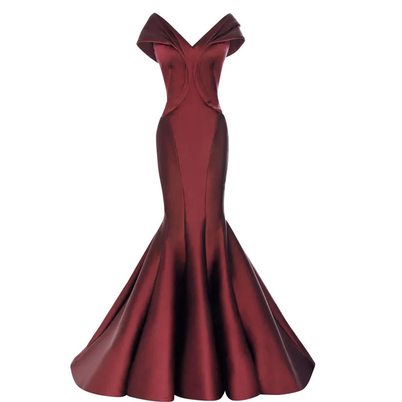 FOLOBE Long Elegant Prom Dresses Sexy Mermaid V-neck Cap Sleeve Floor Length African Burgundy Evening Prom Dress - Color: Same as picture