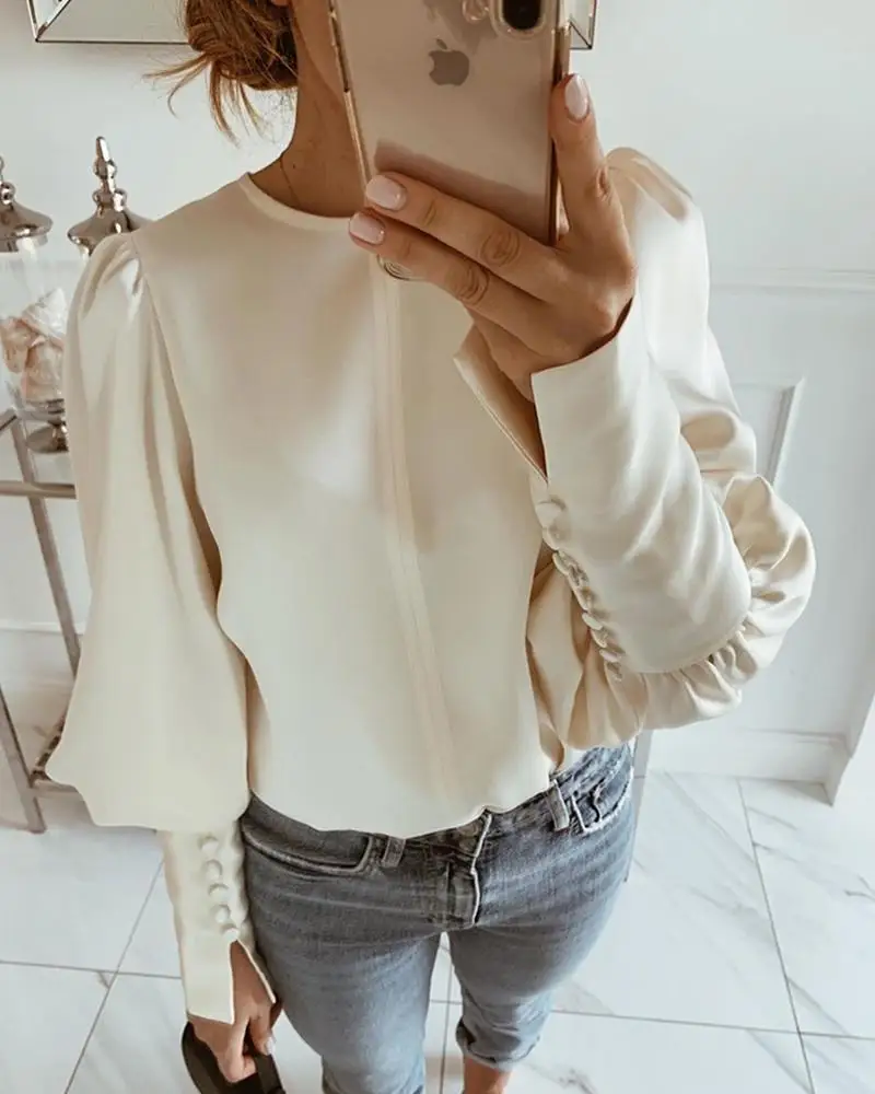 

Solid Round Neck Balloon Sleeve Blouse Women Winter Autumn Long Sleeve Button Shirt Office Lady Workwear