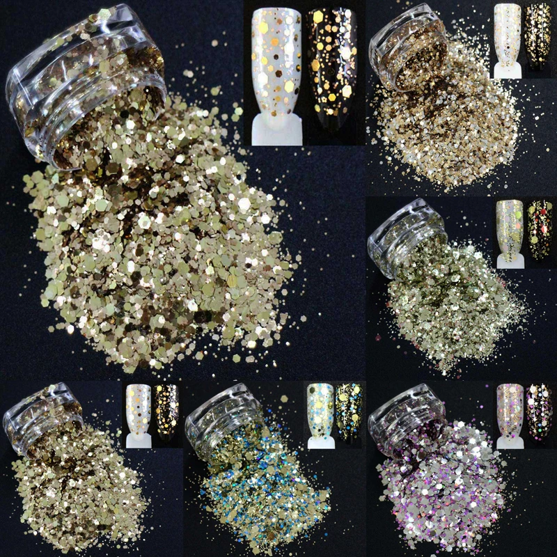

1g/pot, Mix Sizes Hexagons Sequins,Luxury Gold Colors Shining Slices 3D nail art glitters paillettes