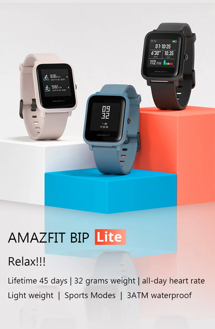 Глобальная версия Amazfit Bip Lite Smartwatch 45 дней Срок службы батареи 3 АТМ Водонепроницаемый 24 ч монитор сердечного ритма во время сна Розовый Черный