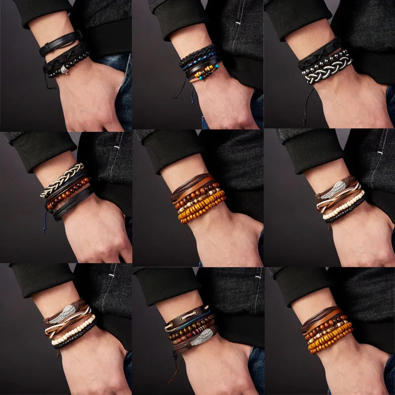 

Punk Beads Bracelet Men Vintage Boho Beaded Bracelets Alloy Leather Hand Chain Adjustable Pulsera Hombre Armband Hands Jewelry