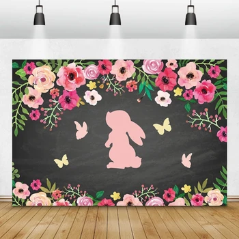 

Laeacco Happy Birthday Baby Shower Rabbit Flower Butterflies Customized Photo Backdrop Photographic Backgrounds For Photo Studio