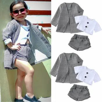 

AU stock Baby Girls Kids Plaid Short Sleeve Tops Pants Coat Formal Outfit Clothes Set