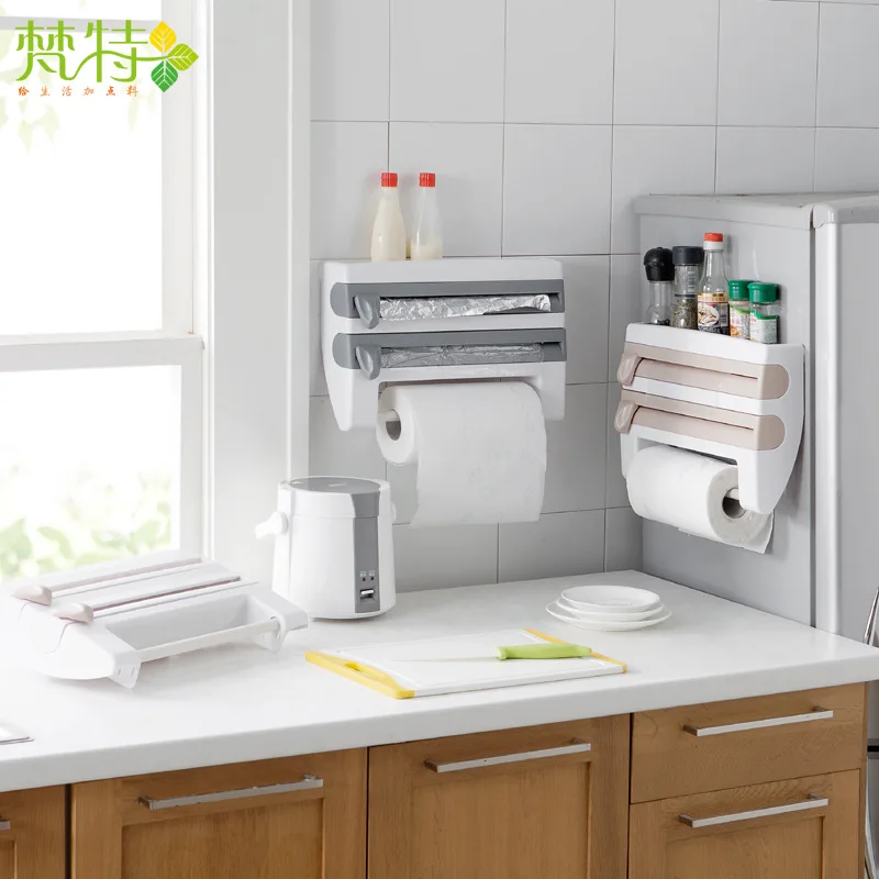 

Kitchen Multi-functional Plastic Wrap Tin Foil Cutter With Storage Rack Storage Shelf Hole Punched Towel Holder