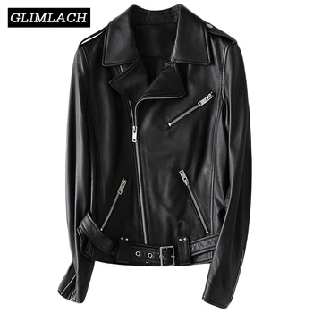 

Lady Luxury Real Leather Motorcycle Jacket With Belt Multi Zippers 100% Sheepskin Genuine Leather Short Coat Women Black Slim
