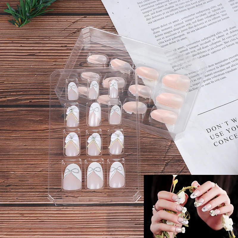 24pcs Shining Rhinestone Wedding False Nails Transparent Glitter Gems Flower Long Artificial Nail Full Tips False Nail