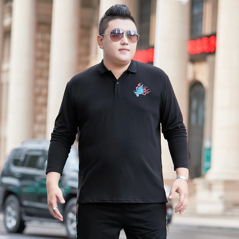 Плюс размер 8XL 6XL футболка с длинным рукавом мужские с принтом Повседневная Уличная футболка мягкая хлопковая футболка с отложным воротником мужская - Цвет: black
