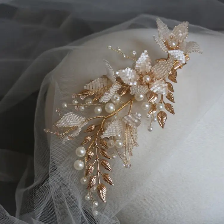 

Bridal Hair Jewelry Flower Leaf Headpiece Vintage Gold Hair Pin Stick Pearl beads Crystal Hairpin Headdress Wedding Accessories
