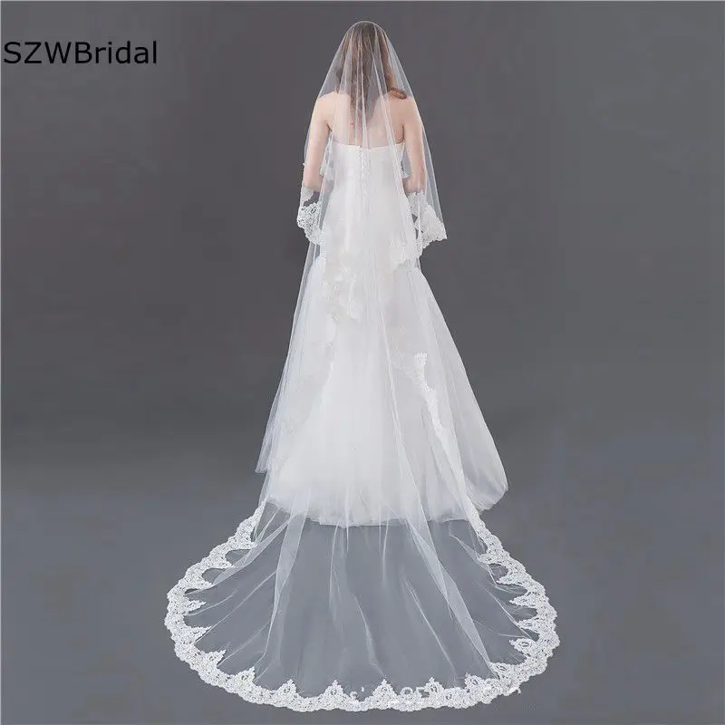 New Arrival Lace Edge White Ivory Wedding Veil Long Bruiloft Bride Wedding accessories Boda Bridal Veils without Comb new arrival luxury long full edge lace wedding veil one layer 3m 5m white ivory tulle bridal veil with comb veu de noiva 2018