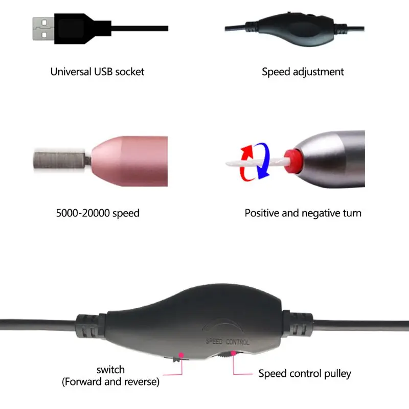 USB электрическая для ухода за ногтями Дрель Инструменты низкий уровень шума с 6 шлифовальных головок + 6 сверл
