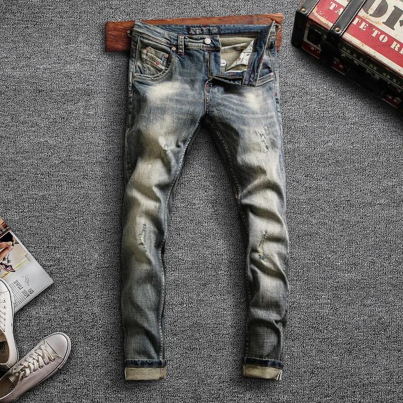 

Italian Style Fashion Men Jeans High Quality Retro Wash Elastic Slim Fit Ripped Denim Pants Streetwear Vintage Designer Trousers