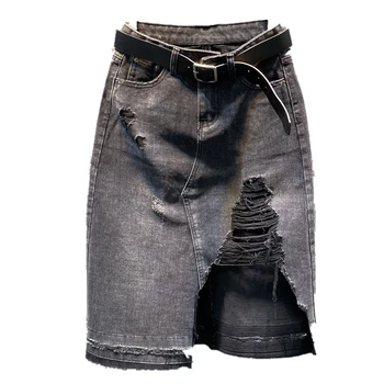 

2020 spring autumn fashion denim skirt women irregular hole high waist package hip knee length jeans skirt