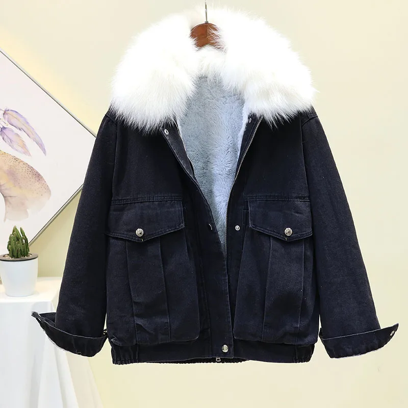 winter new plus velvet thickening lamb hair really fox big fur collar warm denim jacket female