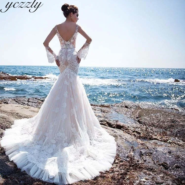 Vestidos De Boda сексуальное платье с v-образным воротом, кружевное с вырезом на спине Свадебные платья Русалочки с длинными расклешенными рукавами и жемчугом Свадебные платья с глубоким вырезом на спине