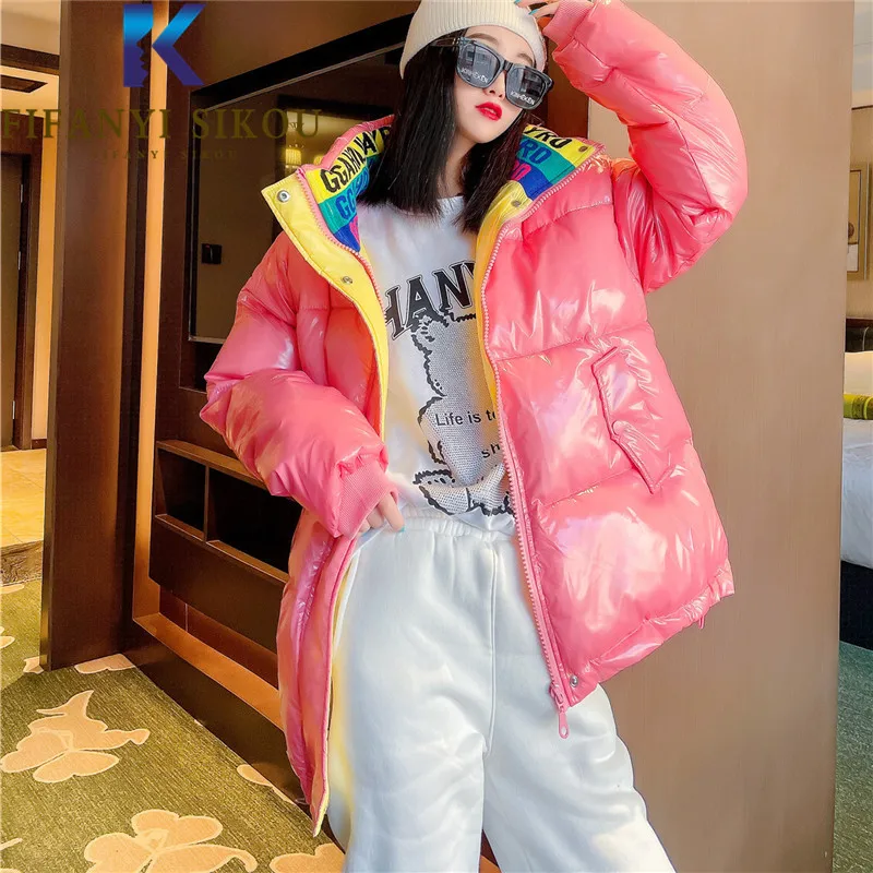 

Женская зимняя куртка с буквенной вышивкой, модные глянцевые пуховые куртки, толстые теплые короткие парки, женское свободное хлопковое пальто, 2021