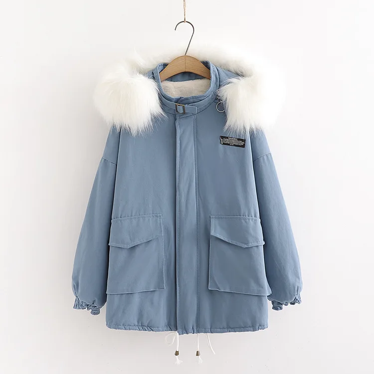 

2019 New Style Retro Stickers Workwear Short Rex Rabbit Fur Fox Fur Collar Hooded Deconstructable Parka Women's