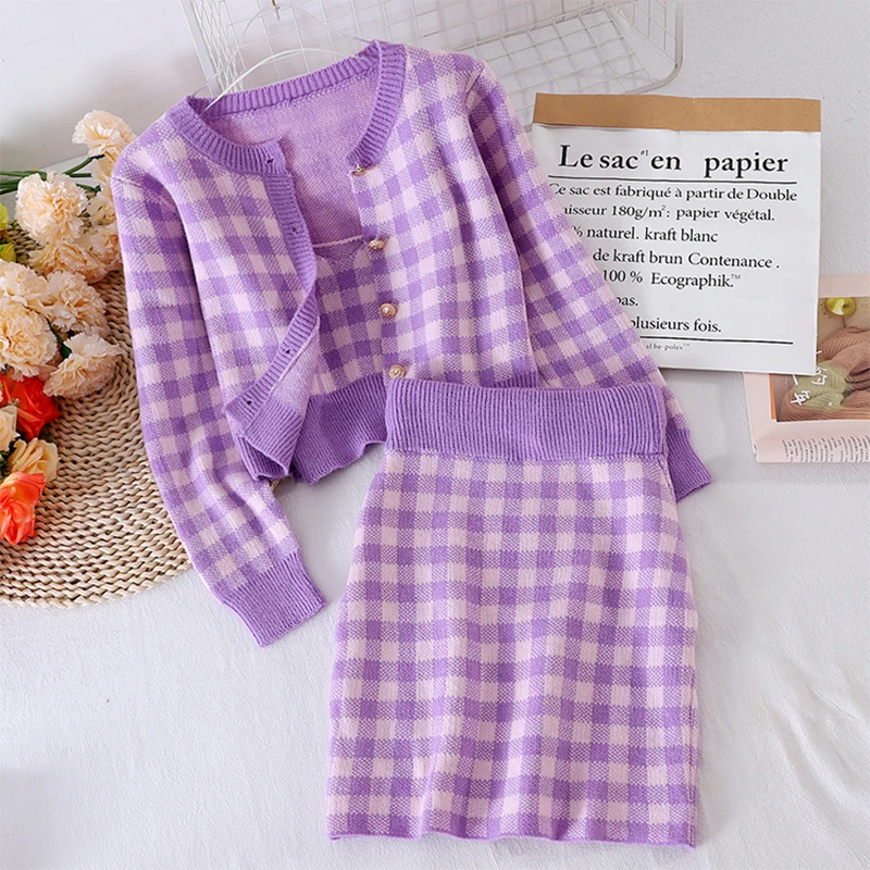 

Autumn Women Knitted Plaid Cardigans + Camisole + Skirts 3 Pieces Sets Girls Short Style Sweater Coat + Vest+Mini Skirt Sets