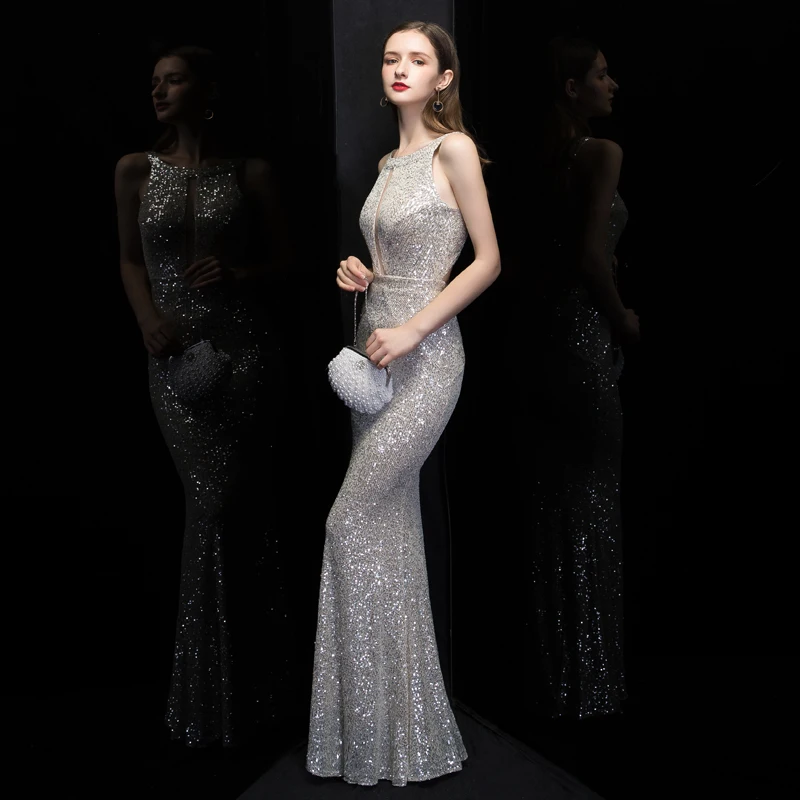 Skyyue Robe De Soiree, серебристые вечерние платья с блестками, K099, Холтер, Платья для вечеринок для женщин, без рукавов, элегантное, Русалка, официальное платье