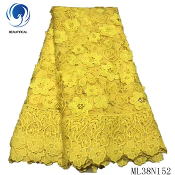 

BEAUTIFICAL Yellow Embroidery Laces French Stones Lace Fabrics for Dress Sewing 5 yards Tulle Net Lace African ML38N152