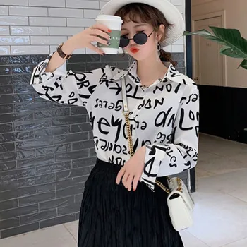 

Sweet Women Blouses Vintage Spring Autumn Tops Fashion Lapel Long Sleeve Letter Print Shirts Casual Shirts Tops