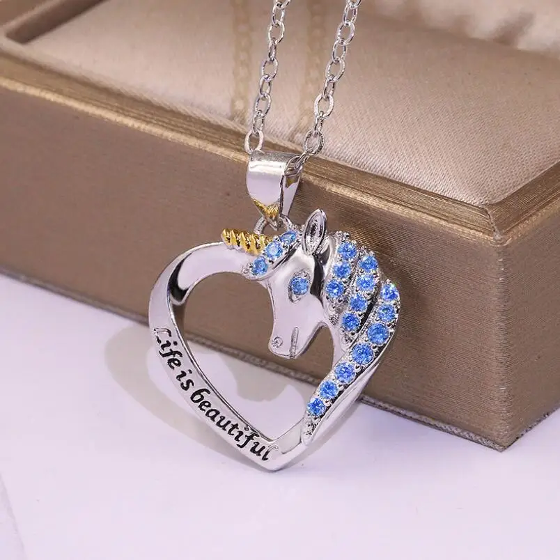 Women's Fashion Necklace Unicorn Pendant Carving Life is Beautiful Letter Chain Eternal Jewelry Best Birthday Anniversary Gift