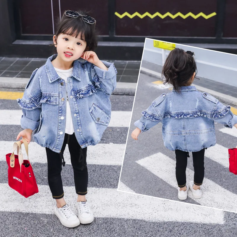 

Kids' Overcoat 2019 Spring New Style Childrenswear Baby Solid Color Lace-collared Blouse Girls Cowboy Frilled Jacket