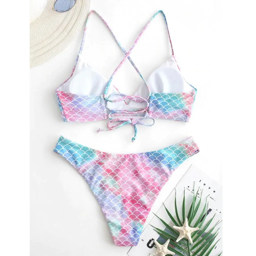 JAYCOSIN gradient color strap swimwear women split bikini swimsuit suit beach bath fish scale print fashion sweet bikini simple 