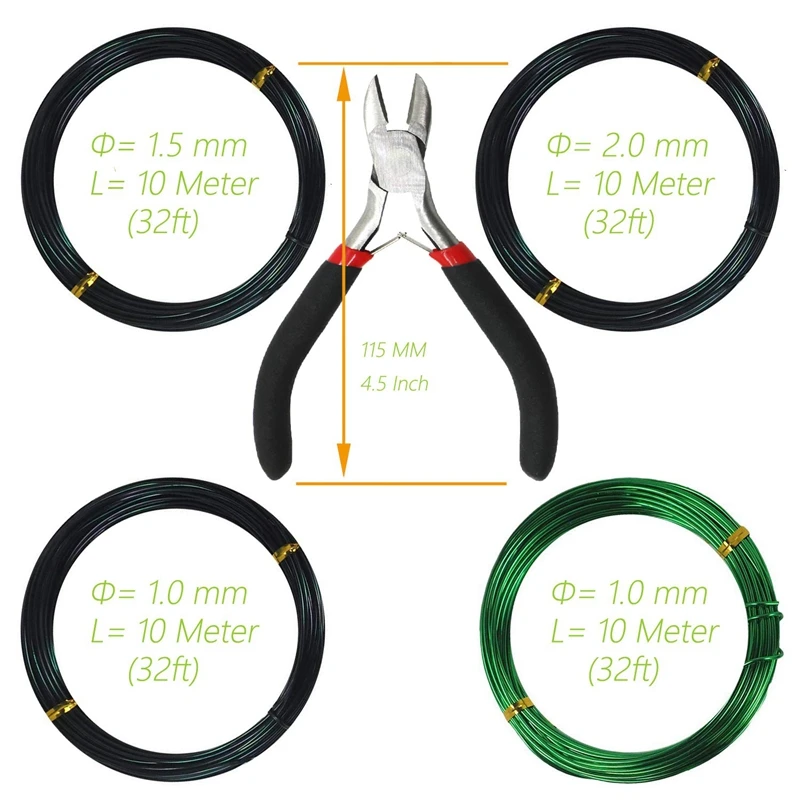 Tree Training Wires for Bonsai Tree, with Bonsai Wire Cutter- Size 1.0 mm/ 1.5 mm/ 2.0 mm(128 Feet Total), Anti-Corrosion and