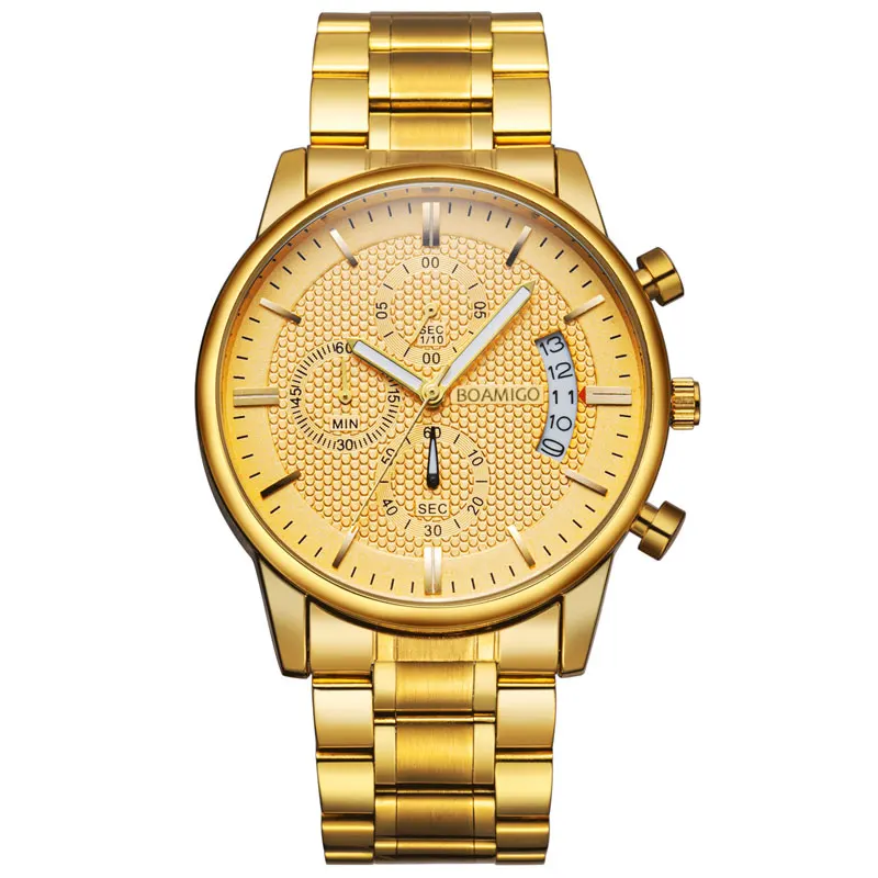 BOAMIGO мужские часы с хронографом спортивные мужские s часы лучший бренд класса люкс водонепроницаемые полностью Стальные кварцевые золотые часы мужские Relogio Masculino - Цвет: F933Bgold