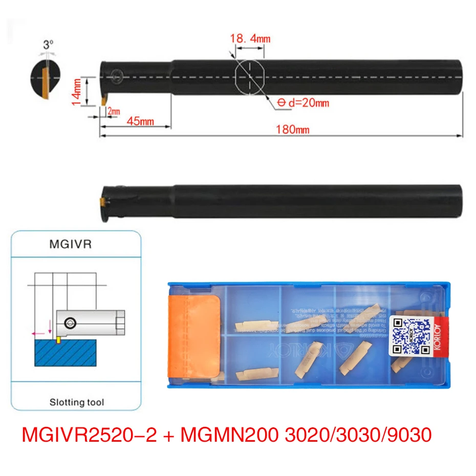 

1pc MGIVR2520-2 Turning Tool Holder Boring Bar with 10pcs MGMN200-G Inserts and Wrench For Parting and Grooving Lathe Right hand