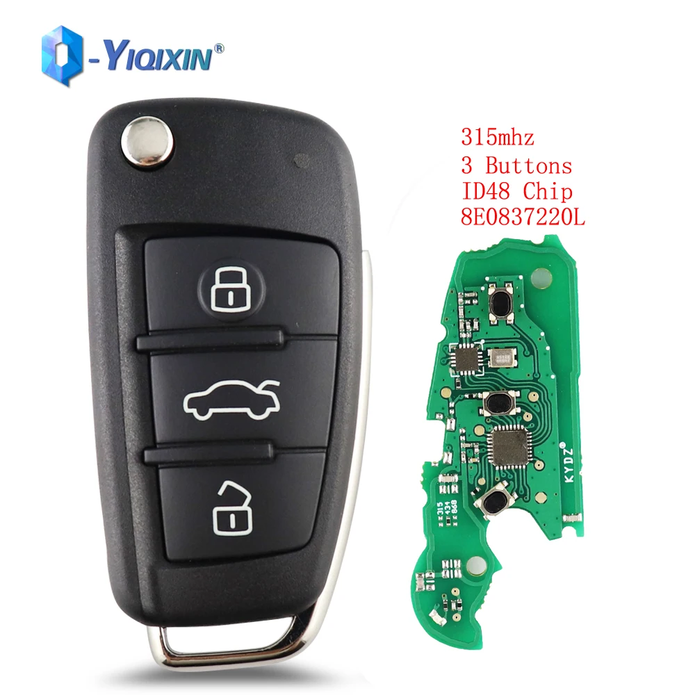 YIQIXIN 3 Buttons Flip Folding Remote Car Key 315Mhz 8E0837220L For Audi A2 A3 A4 A6 A6L A8 Q7 TT Cabrio ID48 8E Chip Smart Fob 4d0837231a 433mhz id48 chip 3 buttons remote control old model folding car key for audi a3 a4 a6 a8 b5 tt rs4