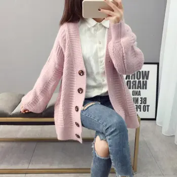 

Sweater Jacket Female Korean Version Of The Loose Simple Fashion Long Section Cardigan Was Thin V-Neck Single-Breasted