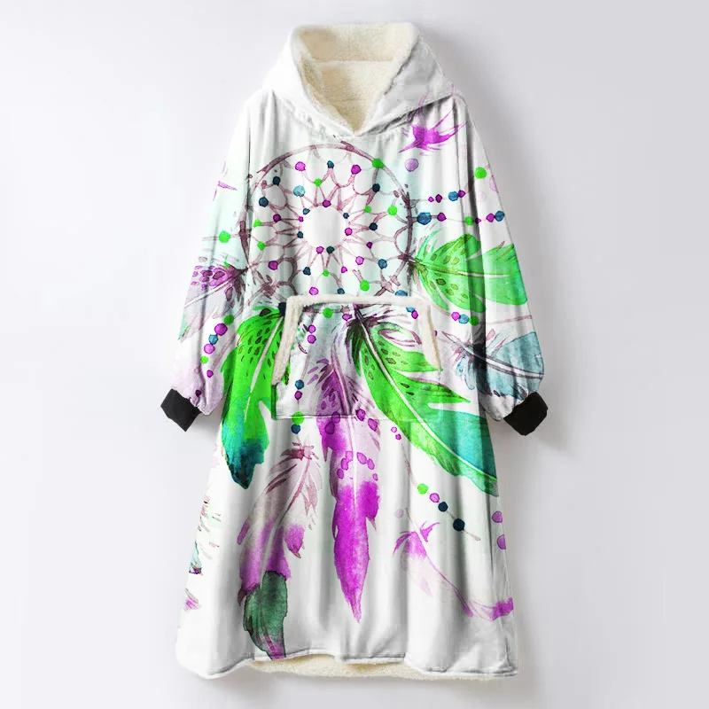 Bohemian Dream Catcher Hooded Blanket with Sleeves Starry Sky Vs Pink Sherpa Throw Blankets for Sofa Super Soft Halloween Coat