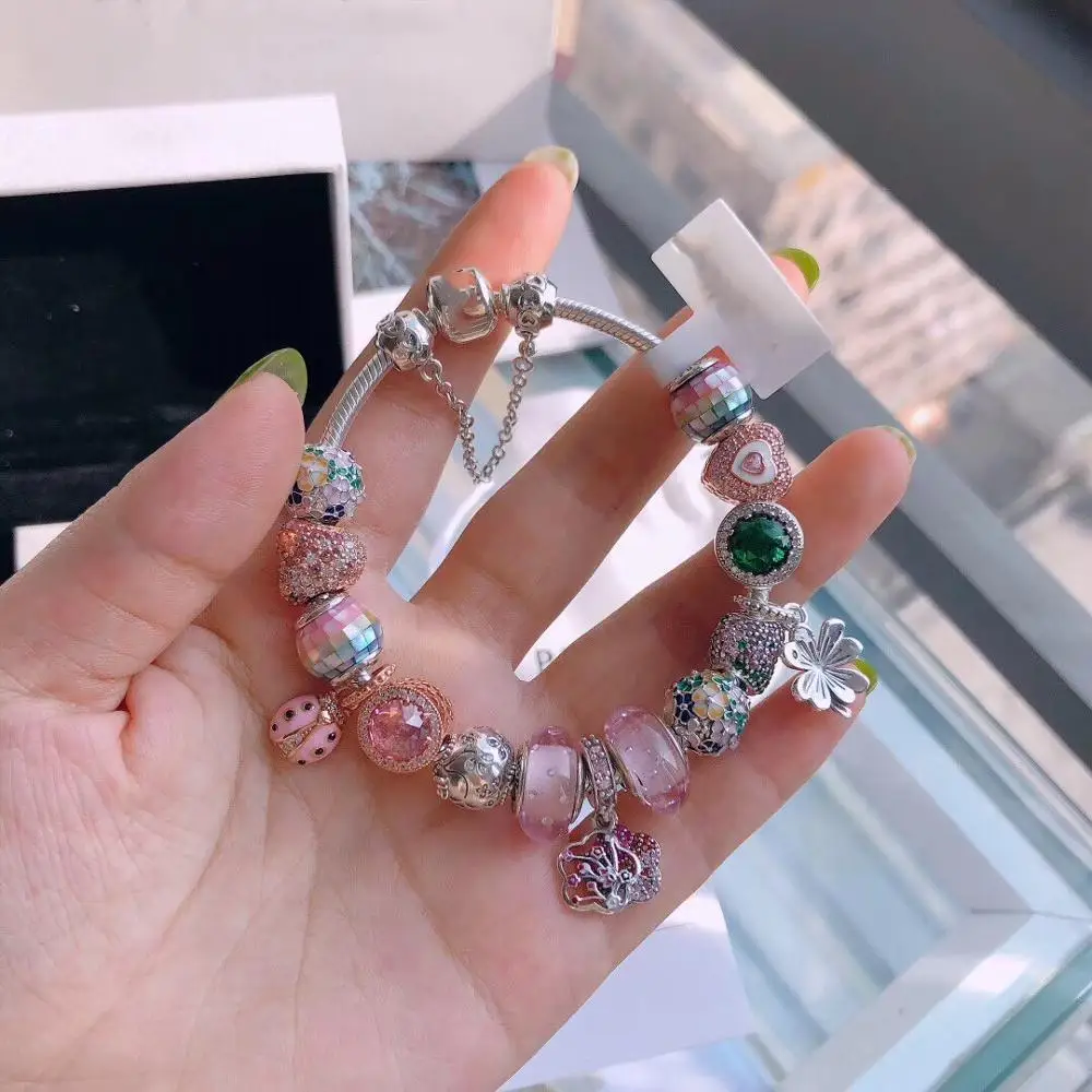 

Keris Store High Quality Original 1:1 100%925 Sterling Silver Ladybird Flower Beaded Bracelet Free Shipping