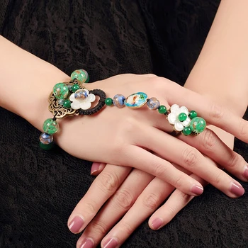 

China Ethnic Chain Beads Bracelet Drop Flower Women Stone String Hand Harness Chain Green Stone Beads Finger Ring Boho Jewelry