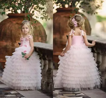 

Lovely Pink Cake Dress Spaghetti Straps Tiered Tulle First Communion Dresses for Princess Kids Birthday Party Dresses Custom