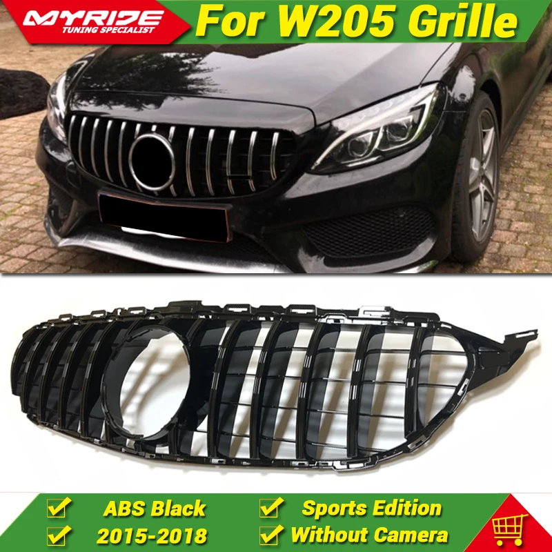 Для Mercedes W205 C205 W205 C Класс Спорт GTS решетка гриль решетки ABS глянец Черный без камеры прямой 1:1 замена-18