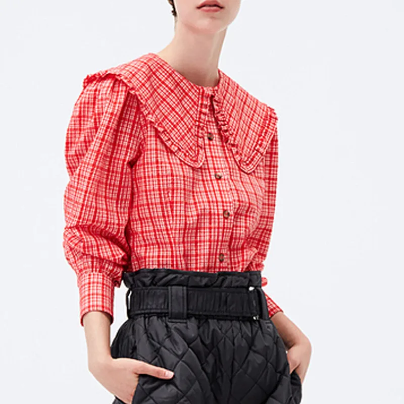 Женская рубашка с воротником Питер Пэн красная клетчатая хлопковая Повседневная
