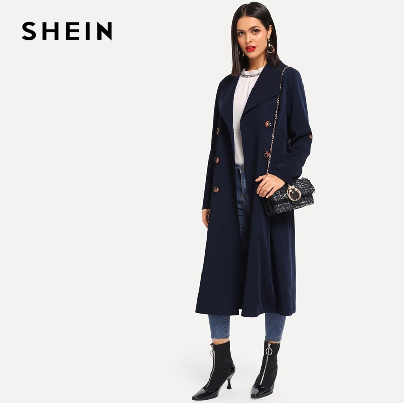 SHEIN, темно-синий свернутый рукав, двубортный с поясом, удлиненный Тренч, женское осеннее пальто с карманами, элегантная верхняя одежда для улицы