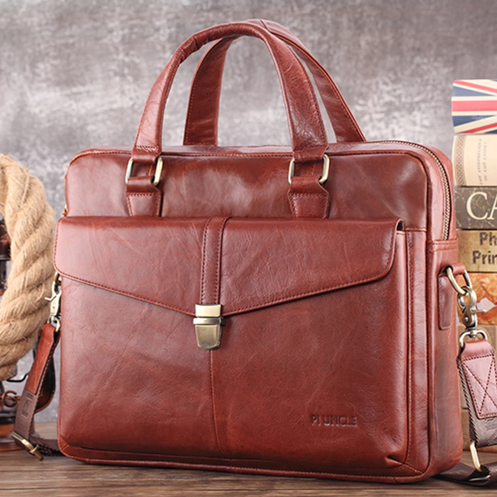 Men's Cow Leather Business Briefcase Computer Handbag For Work Cross Body Laptop Bag Office Soft Leather Big Bag