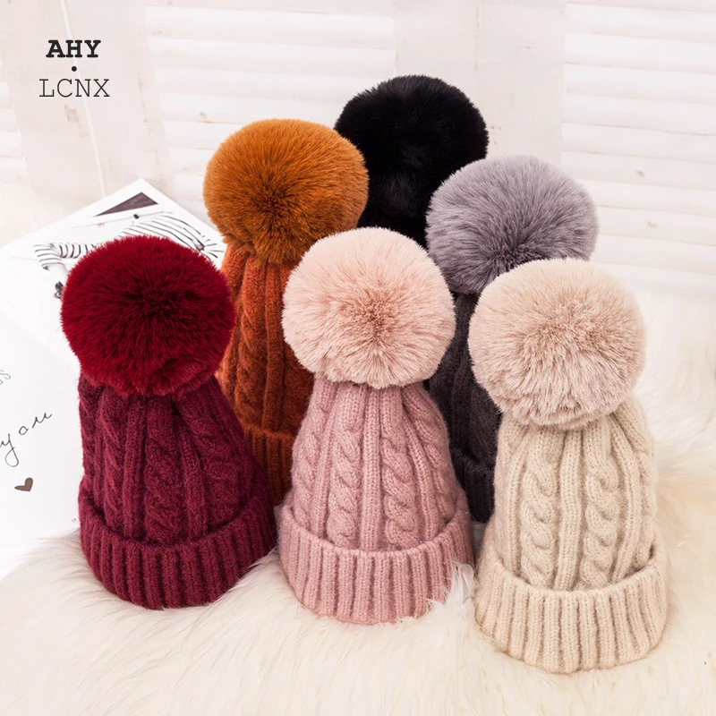 Thick Warm Winter Knitted Women's Hat Girls Big Pompom Solid Color Twist Beanies Wool Outdoor Ski Caps Gorras For Women | Аксессуары