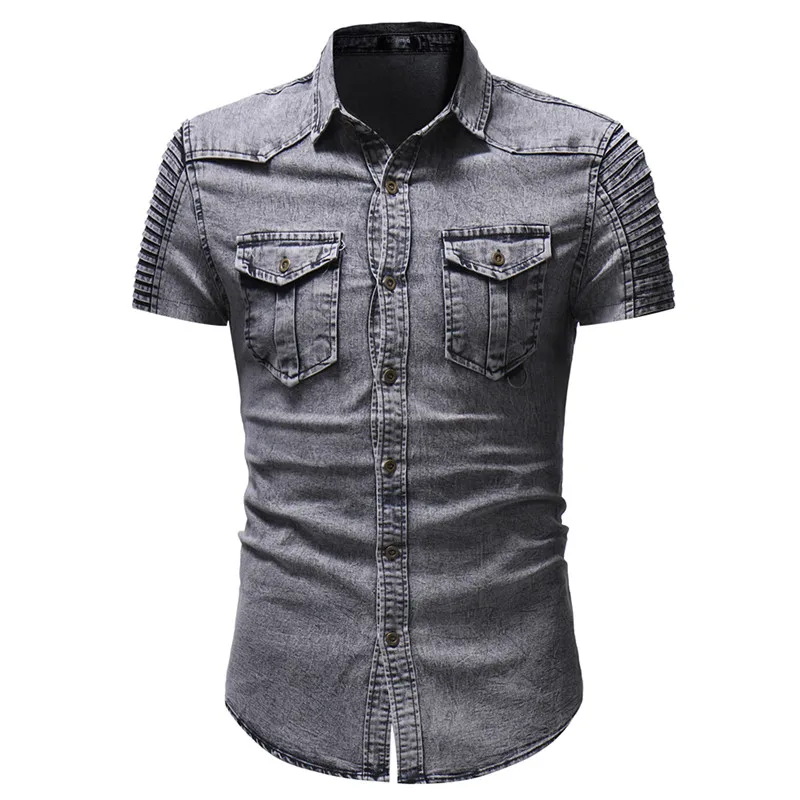 

2019 summer new denim shirt men's European style short-sleeved shirt personality stitching pleated sleeves denim shirt