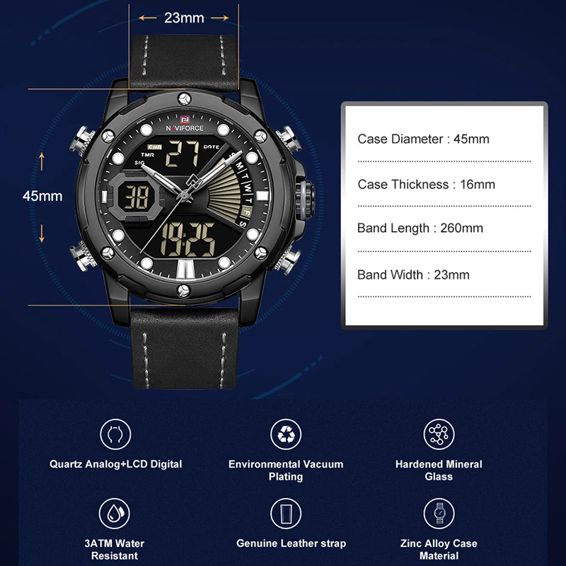 NAVIFORCE Luxury Brand Men’s Military Sports Watch Men Analog Digital Quartz Wristwatch Waterproof