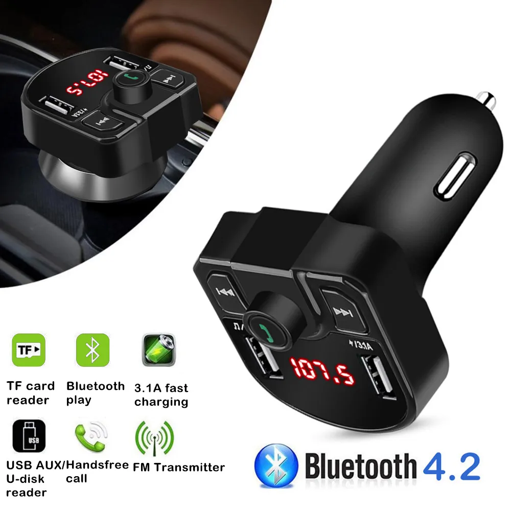 U Disk USB Cable Hands Free Calling 3.1A//1A Wireless in-Car FM Radio Adapter Car Kit with Dual USB Charging Ports TF Card Music Player for All Smartphones Bluetooth FM Transmitter for Car